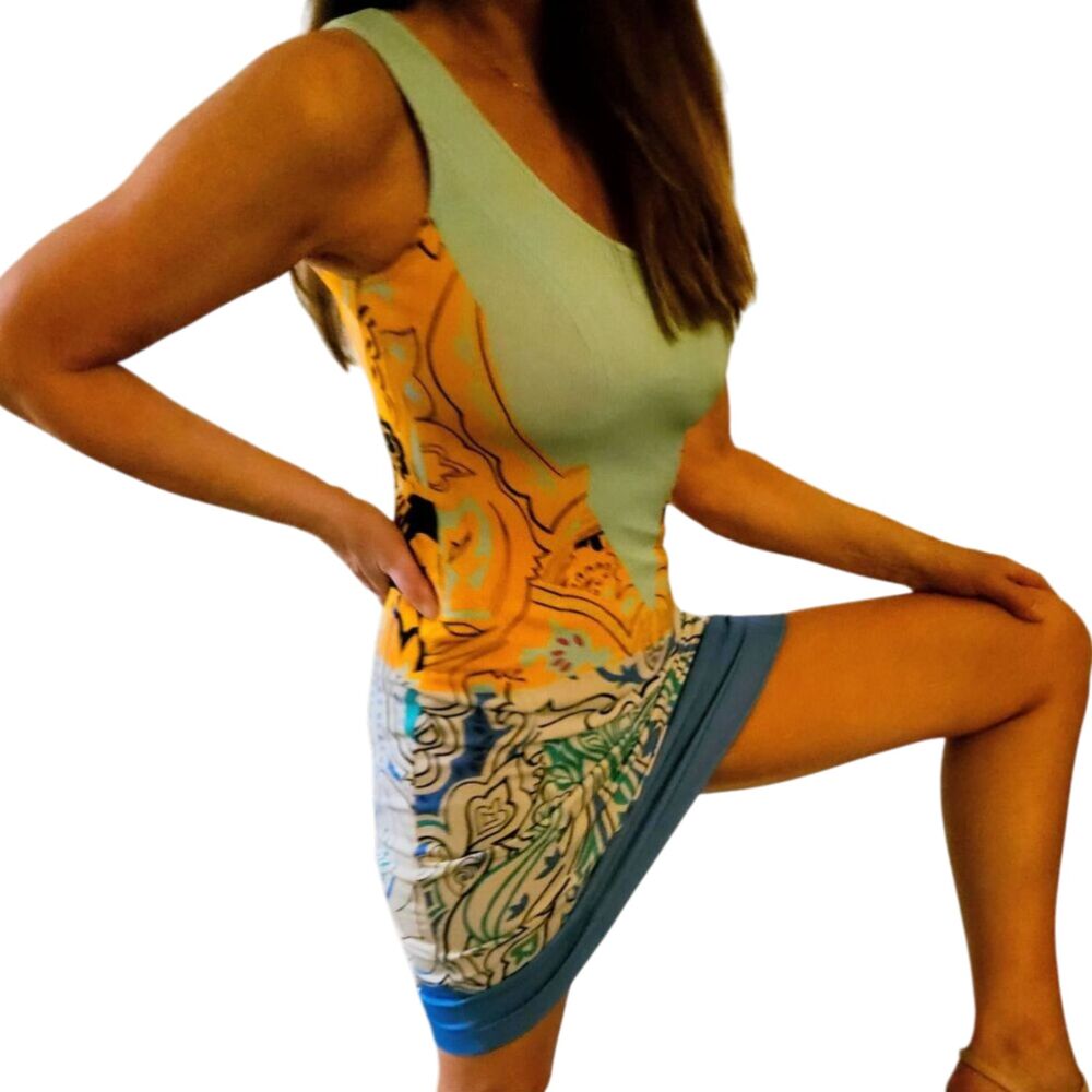 Etro Italy Graphic Print V-Neck Stretch Midi Dress Blue Orange Mint Size 40